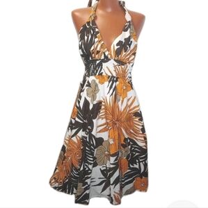 AMAN Halter Dress Woman Large Babydoll Tropical Floral Smocked Cotton Sundress